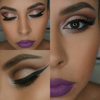 Close-up of a reviewer's face featuring makeup with winged eyeliner and purple lipstick, suitable for a beauty and cosmetics article