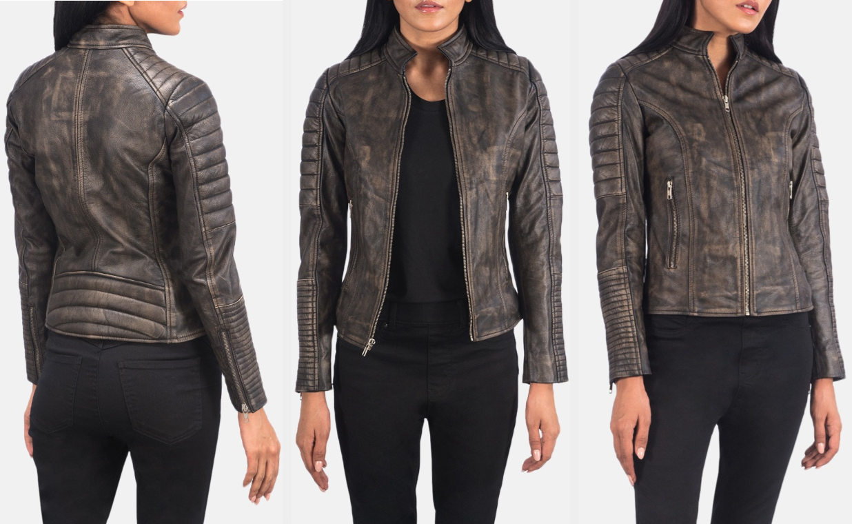 Three images of a model wearing the brown jacket
