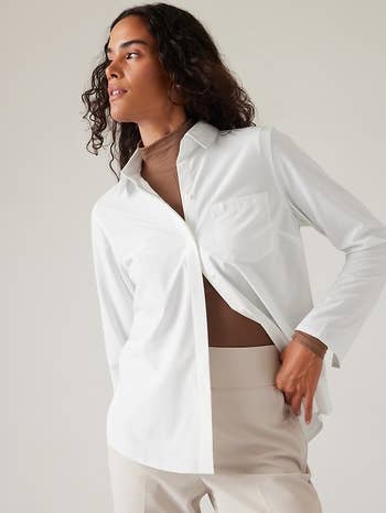model wearing the white button-down