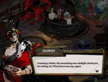 screenshot showing some dialogue from zagreus to his father hades