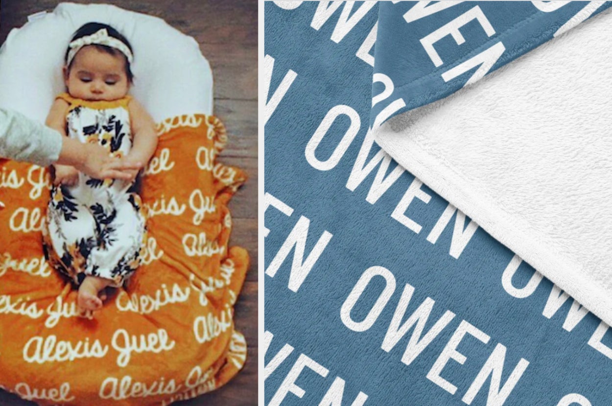 Model laying in baby bed above orange blanket that reads
