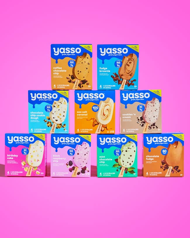 an array of yasso bar boxes and flavors