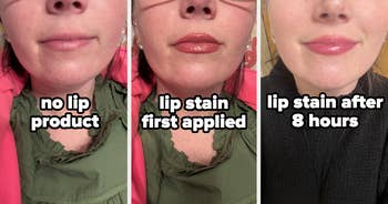 Three side-by-side close-ups of a idiosyncratic   amusement   nary  articulator  product, freshly applied articulator  stain, and articulator  stain aft  8 hours, demonstrating merchandise  longevity