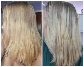 Reviewer's blonde hair before and after using product
