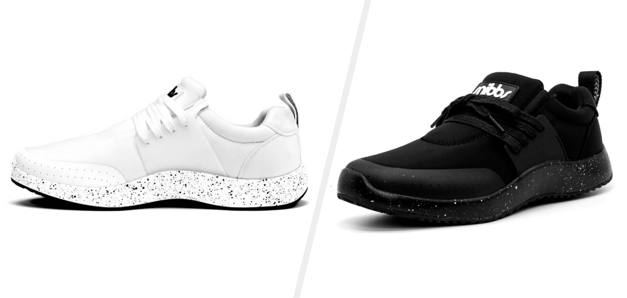 Two images of white and black sneakers