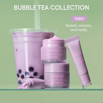 Laneige Taro Bubble Tea Collection includes articulator  masks and balm, highlighting saccharine  and nutty flavors with a bubble beverage  portion  backdrop
