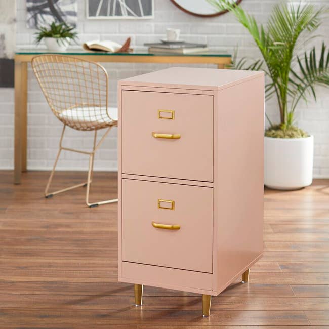the two-drawer pink filing cabinet with gold legs and hardware
