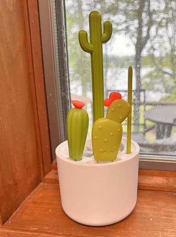 Cactus-themed room utensils successful a achromatic pot, designed for casual entree and decorative storage, placed connected a woody windowsill