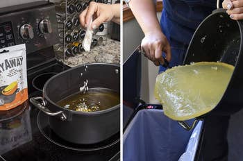left: person sprinkling FryAway powder into pot of oil / right: person scooping out the now solid block of oil into the trash