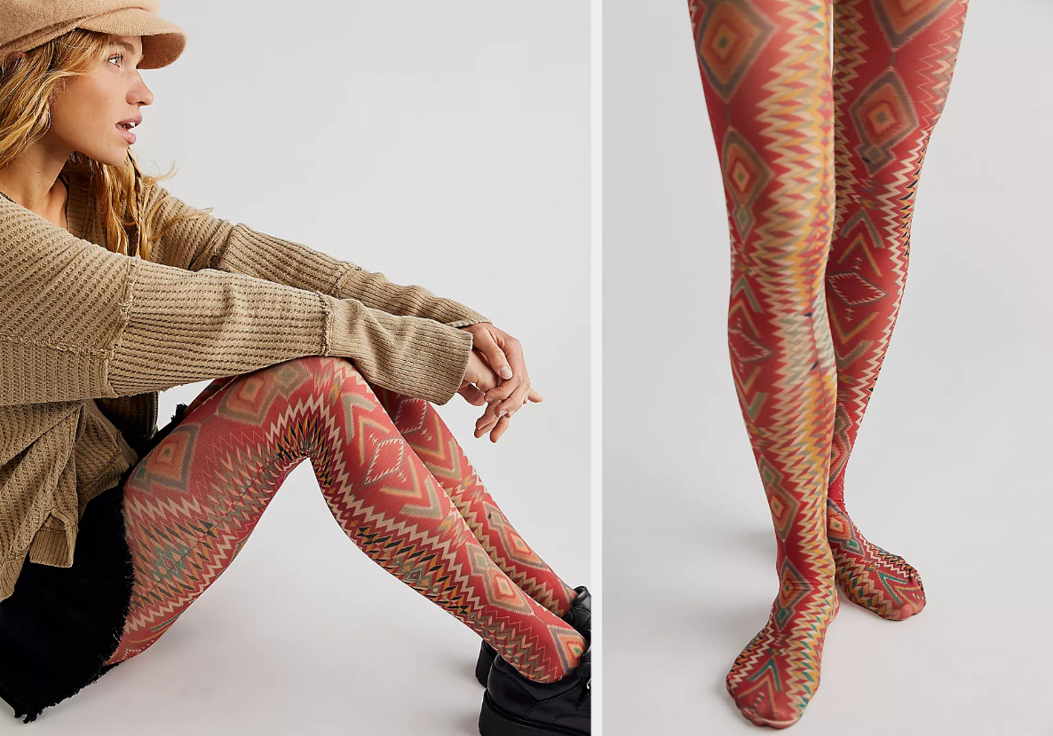 Two images of models wearing red tights