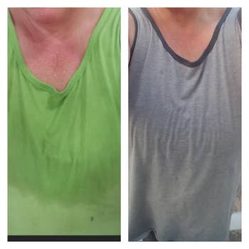 another reviewer before photo showing sweat soaked through their shirt, then an after photo of a dry shirt now that they've been using the wipes