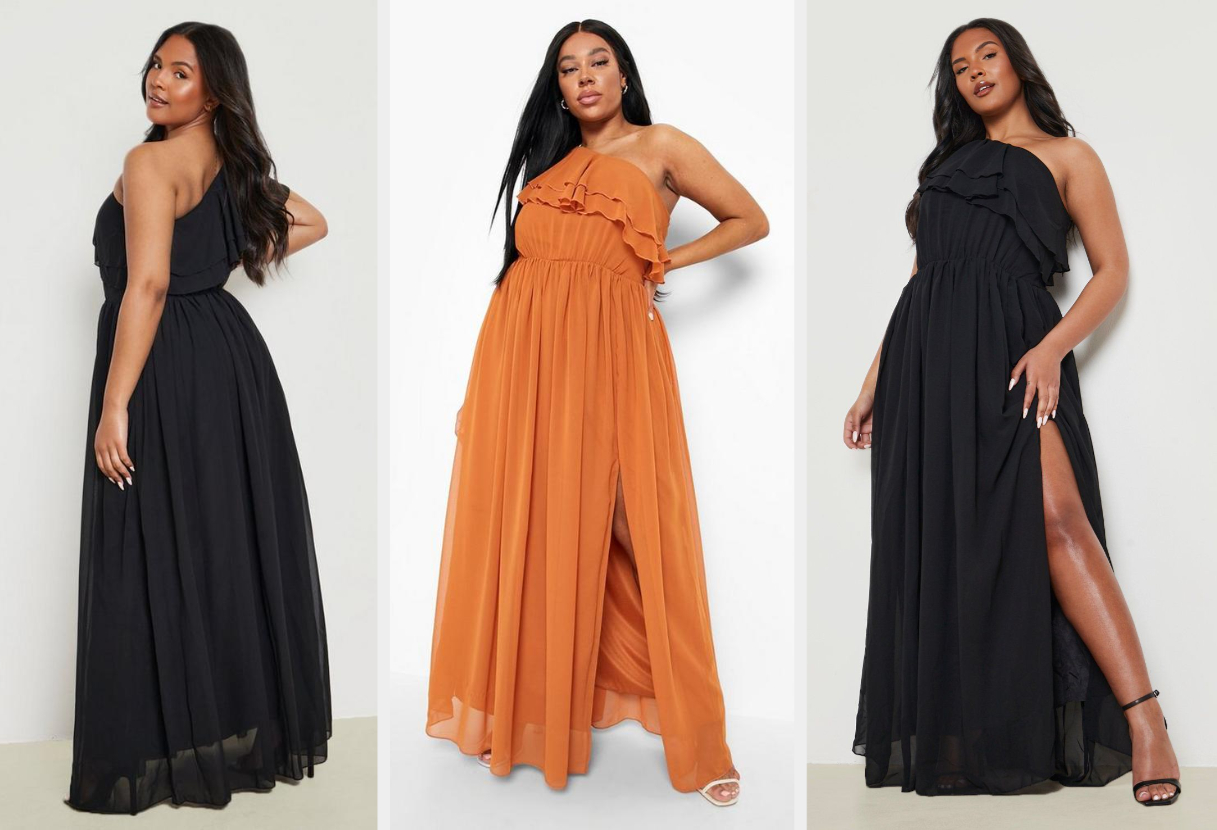 Three images of models wearing black and orange maxi dresses
