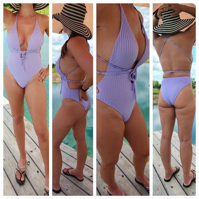 Four poses showcasing a person in a lilac one-piece swimsuit with a hat, focusing on the outfit's design for shopping context