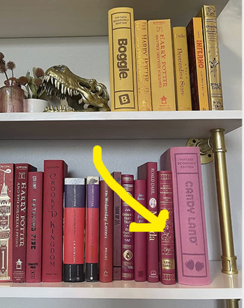 A pink book that says Candy Land on the outside of it on a bookshelf 