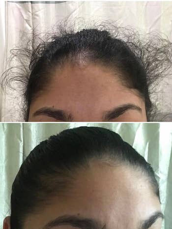Reviewer with lots of curly flyaway hairs around the forehead hairline before using the stick and no flyaway hairs after using it