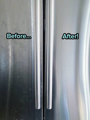 Former BuzzFeed Shopping writer's stainless steel fridge before using the cleaner, looking dull and dirty, and after look bright, gleaming, and like-new