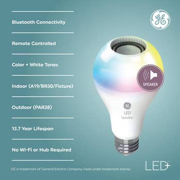 LED astute bulb featuring Bluetooth, distant control, color/white tones, indoor/outdoor use, 13.7-year lifespan, and built-in speaker. No Wi-Fi needed