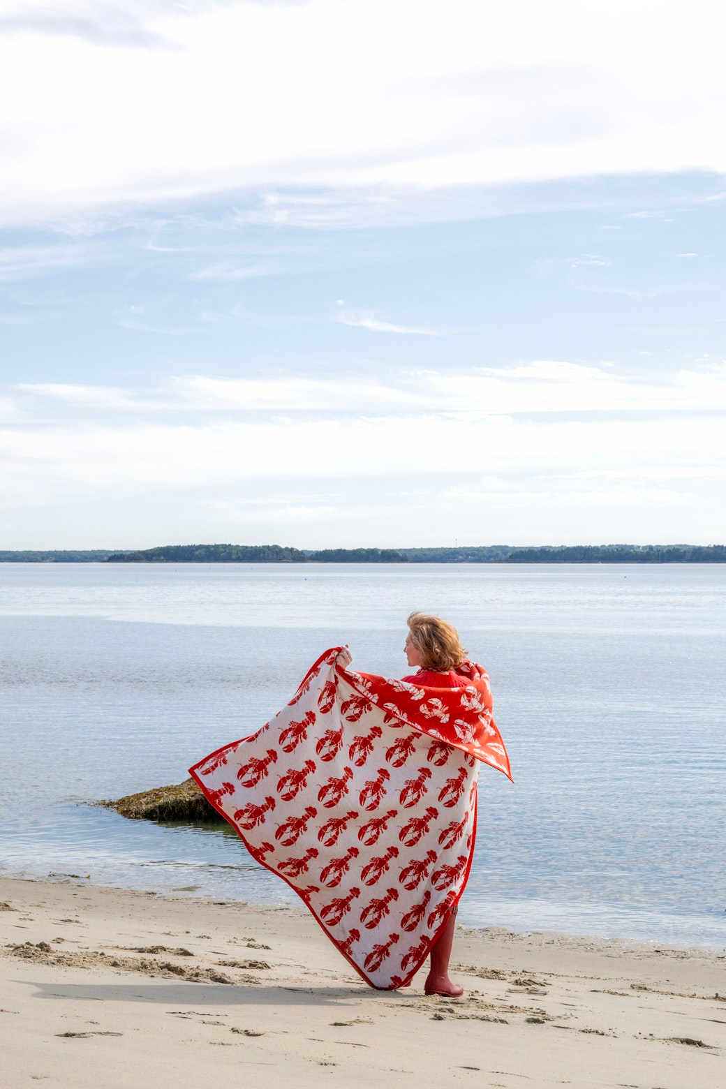 Person connected  formation  wrapped successful  a playful lobster-patterned blanket, gazing astatine  serene h2o  with a wide   sky