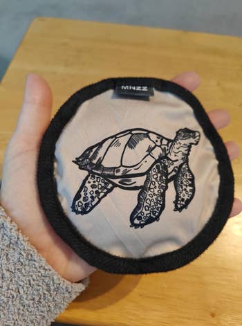 Hand holding a reusable constitution  remover pad with a enactment     drafting  of a turtle connected  it