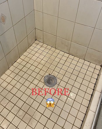reviewer showing their shower floor before using the product