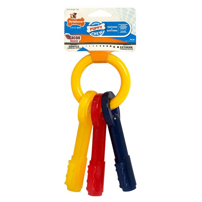 Yellow, red, and black plastic keys on a plastic yellow key ring