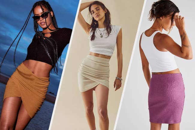 Three images of models wearing brown, tan, and purple mini skirts