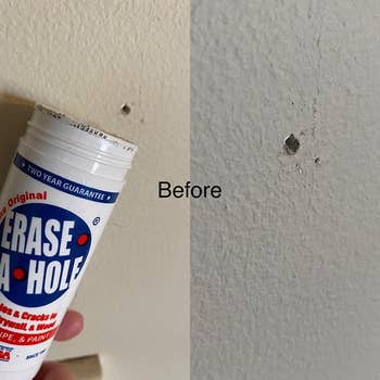 reviewer showing the erase-a-hole putty and a wall before using it