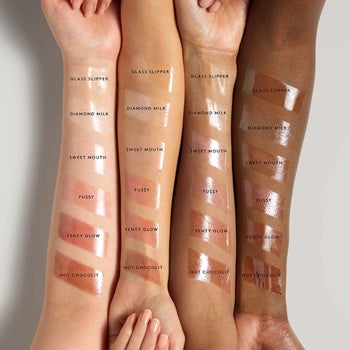 swatches of the shades on different models' arms