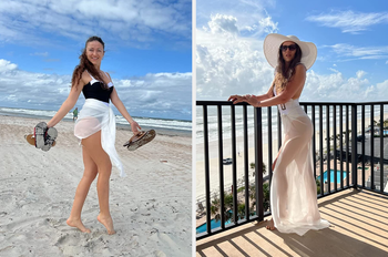 Two reviewer images wearing white sarong cover up short and long