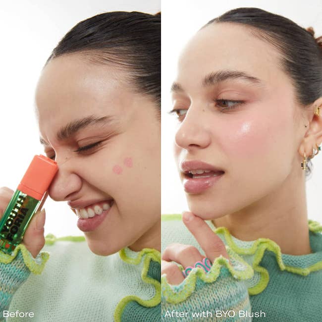 before and after images of a model putting on the blush