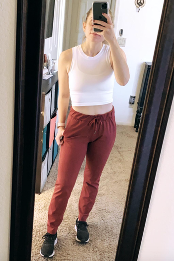 Reviewer in high waist faded red drawstring lounge pants 