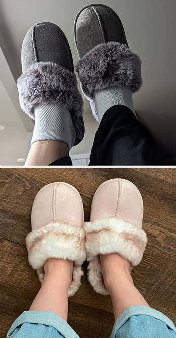 two images of one reviewer wearing the gray slippers and the second reviewer wearing the tan ones