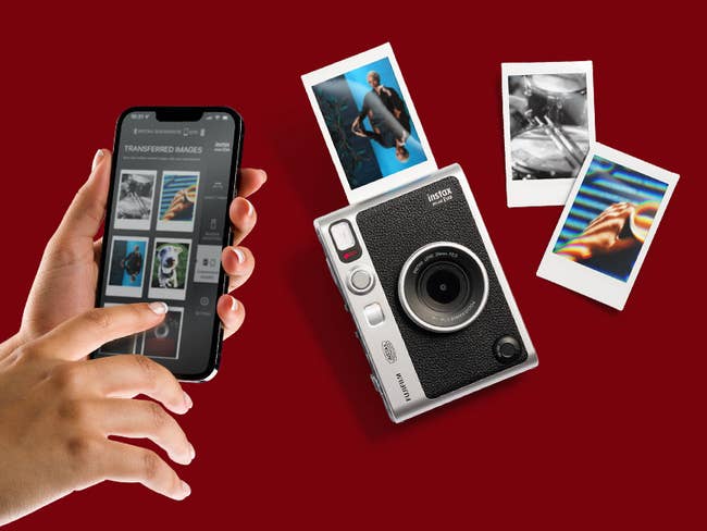 the instax camera next to three printed photos and an iPhone open to the fujifilm app