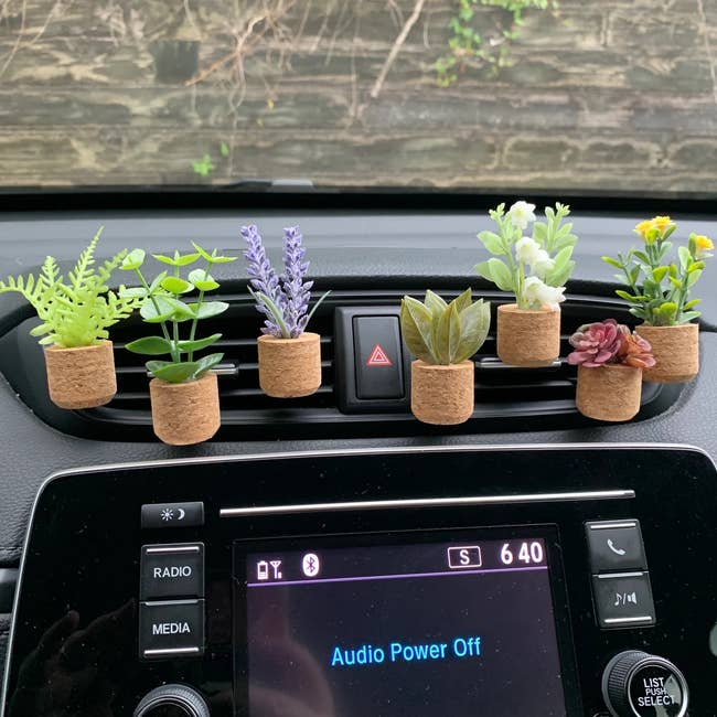 mini plant air fresheners on a dashboard
