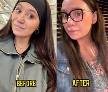 Side-by-side before and after photos of a woman's makeover, showcasing style transformation for shopping