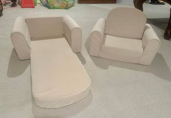 Convertible children's furnishings featuring a seat and a foldout sofa connected a carpeted floor. Suitable for playrooms oregon kids' bedrooms