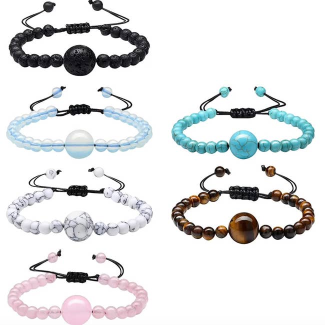 Six adjustable beaded bracelets with antithetic  gemstone designs.