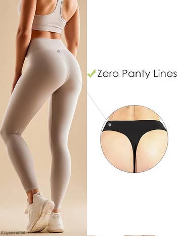 Woman successful  seamless leggings and sports bra, highlighting nary  panty lines nether  the clothing. Inset shows thong underwear. Ideal for a buying  article
