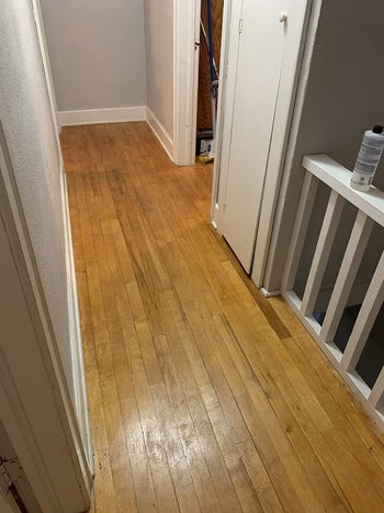 on right: same hardwood floor with a shinier appearance and less fading after using the polish and conditioner above
