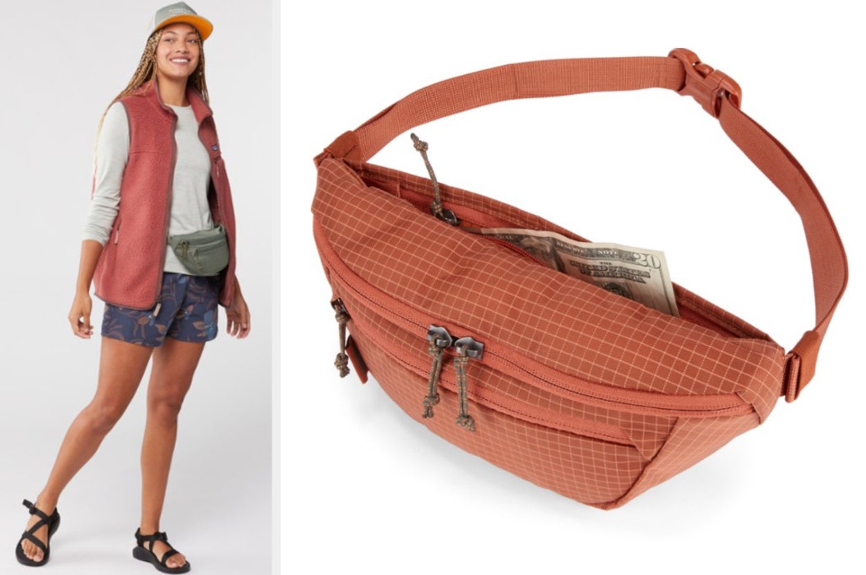 Model wearing green striped fanny pack around their waist in navy shorts, a white long sleeve shirt, and a red unzipped vest. Close up of product in orange with money sticking out of hidden back pocket and closed main compartment and front pocket