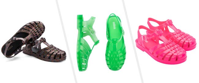 Images of brown, green, and pink sandals