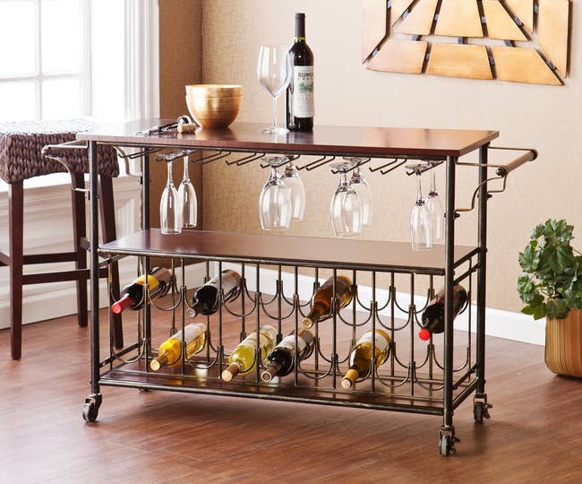 Image of the long bar cart with glasses and bottles