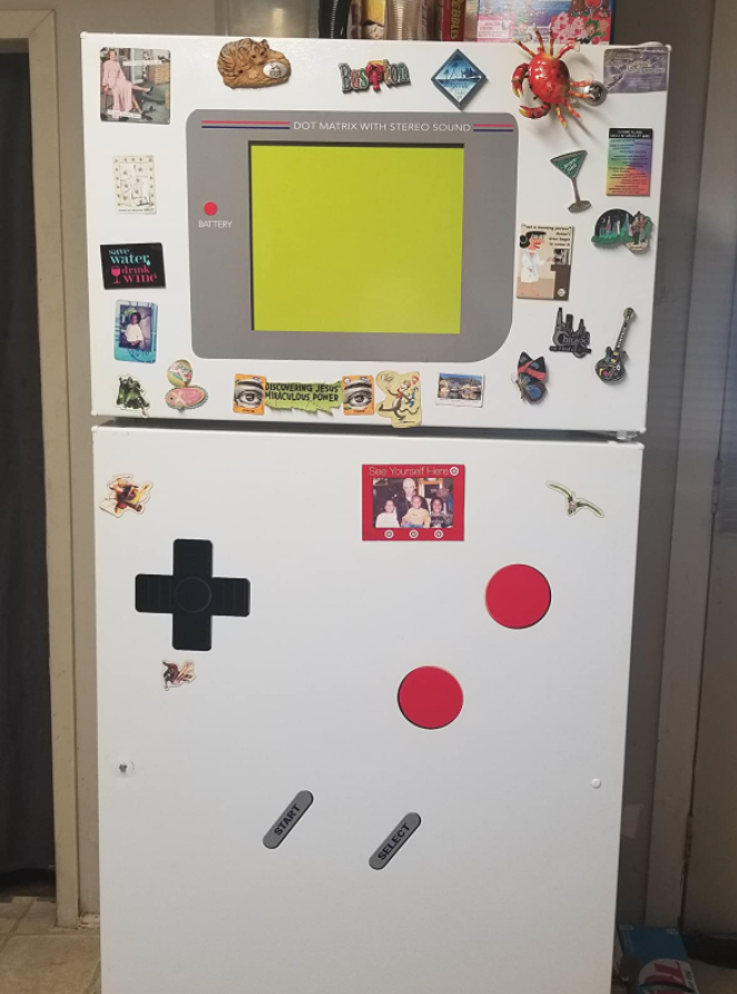 white fridge with game boy button and screen decals on it 