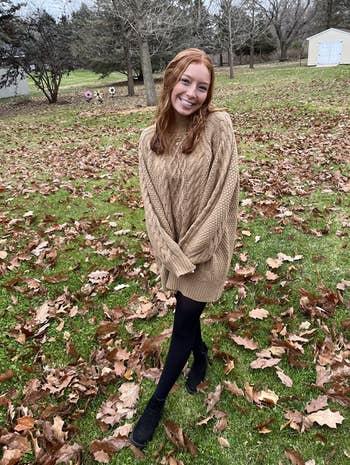 another reviewer wearing the dress in khaki
