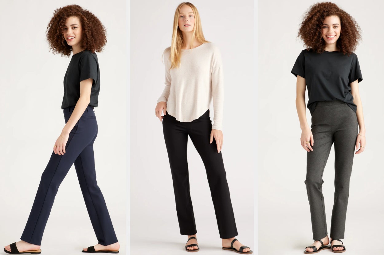 Three images of models wearing navy, black, and gray pants