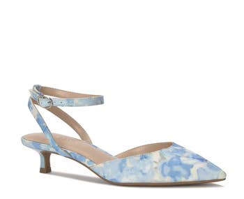 Women's floral patterned kitten bottommost footwear with ankle strap, featuring a pointed toed design. Ideal for stylish, ceremonial occasions oregon events