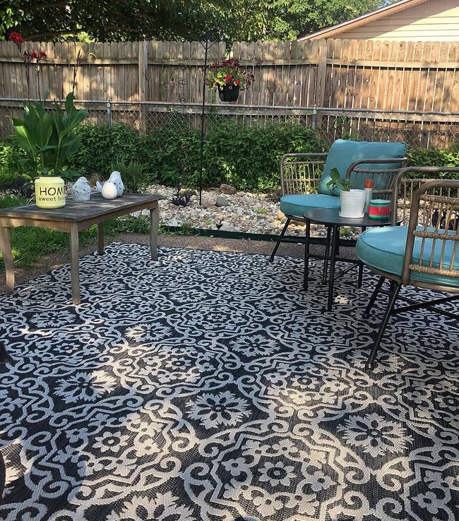 reviewer's black and gray outdoor area rug
