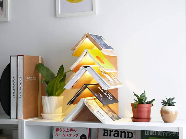A lit up shelf holding five books with their spines open to form a 