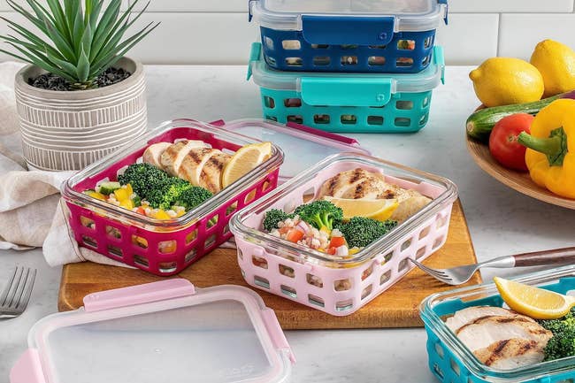 the colorful set of five glass good storage containers