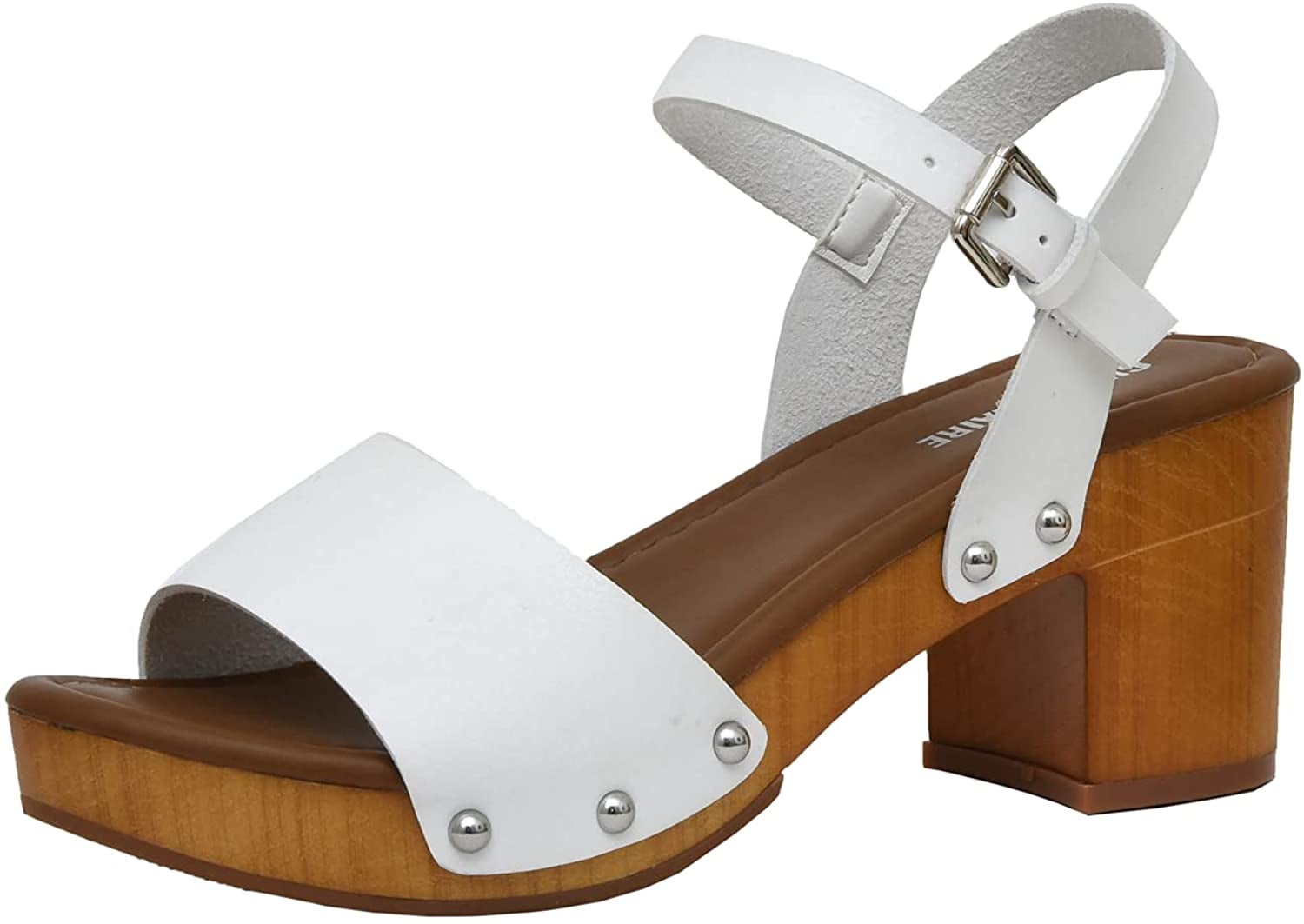 wood soled sandals with white faux leather straps
